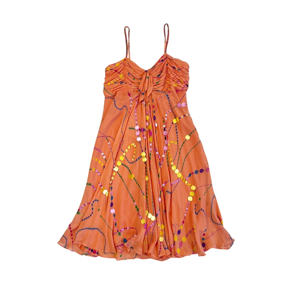 Eva Blue Orange Y2K Sequin Beaded Ruched Bust Midi Dress Size 14 Whimsical